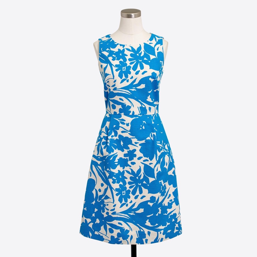 J Crew Printed Pleated Shift Dress in Blue Ivory